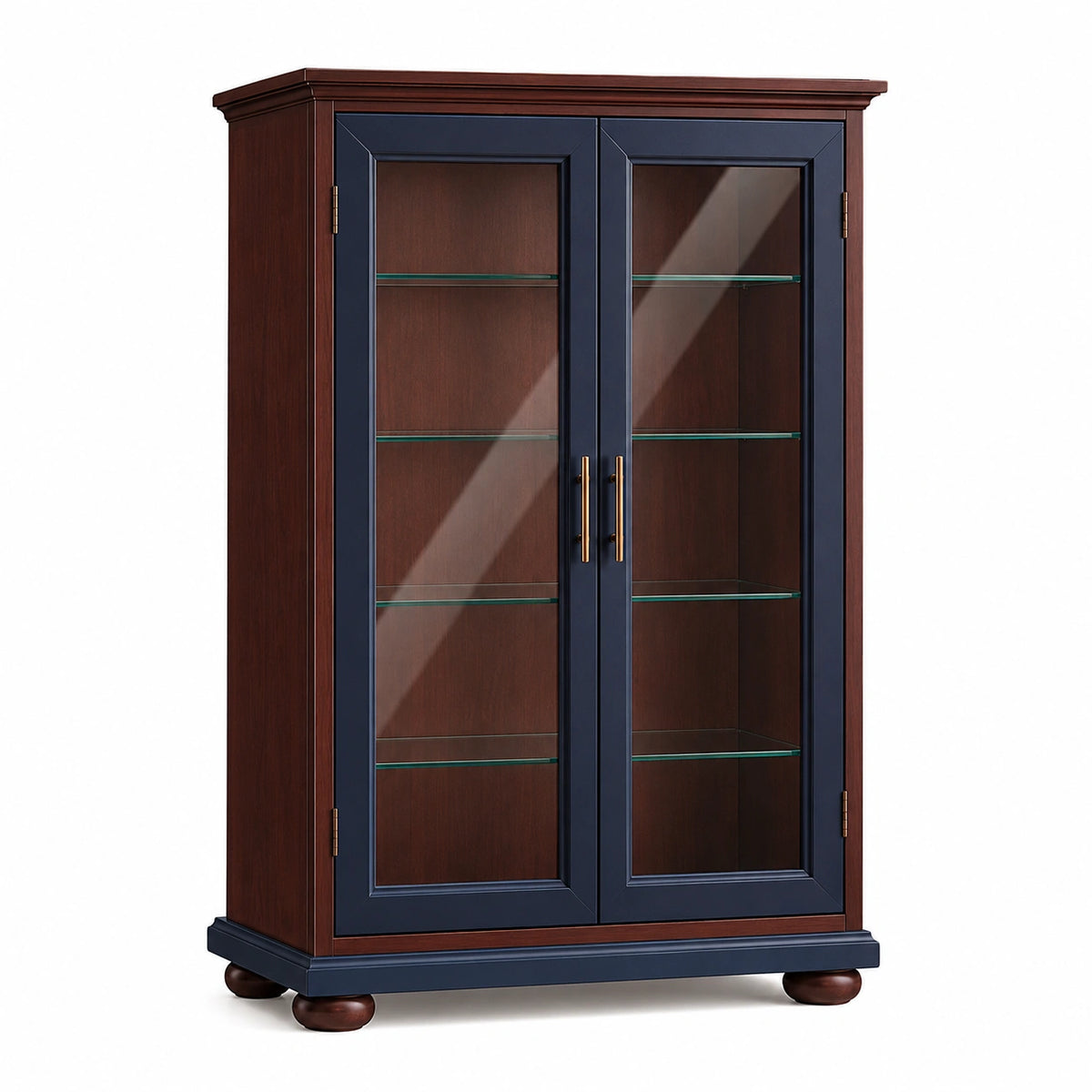 Vitrina de madera con puertas de vidrio templado, 5 estantes, Marrón/Azul