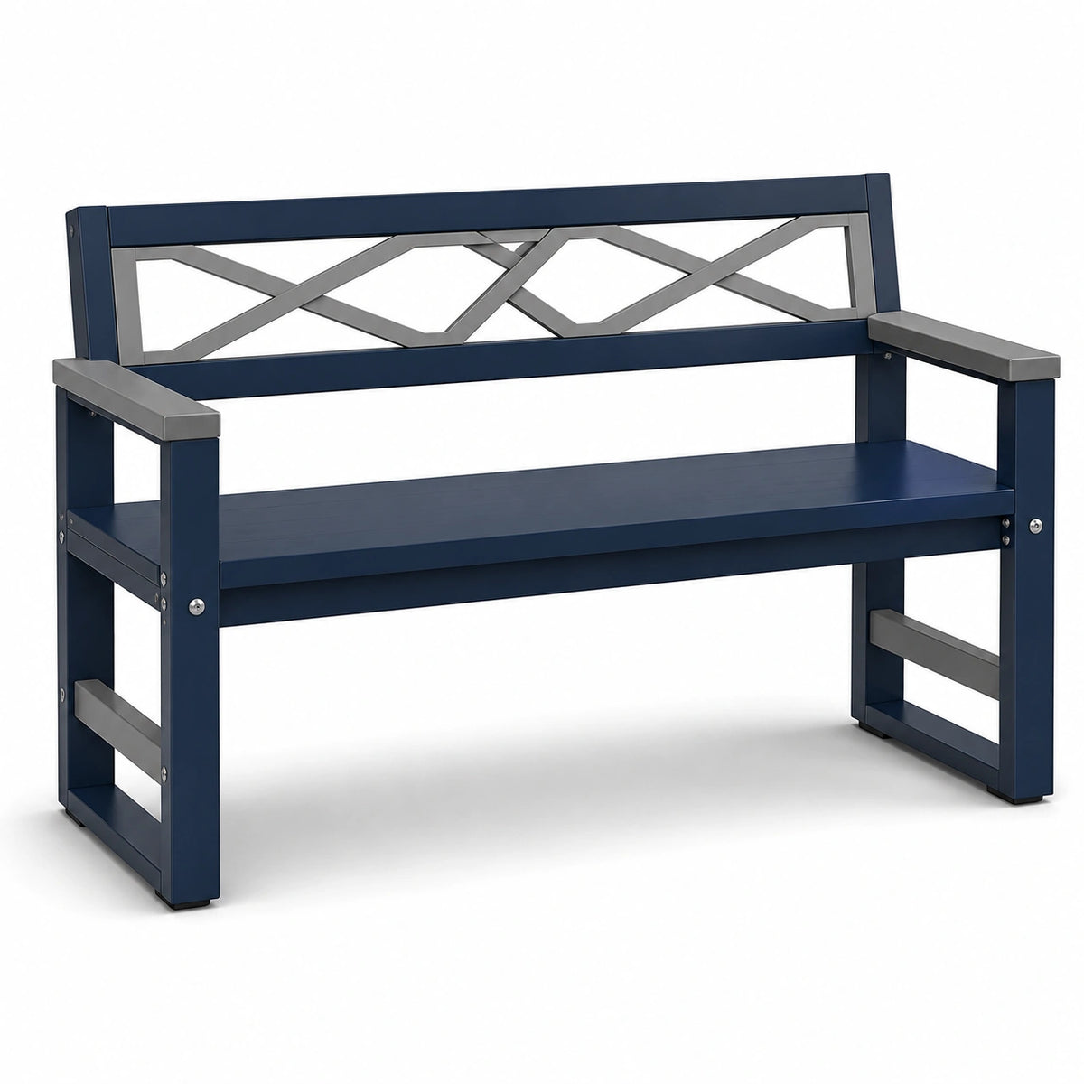 Banco de metal azul y gris con respaldo decorativo 120x60x80 cm