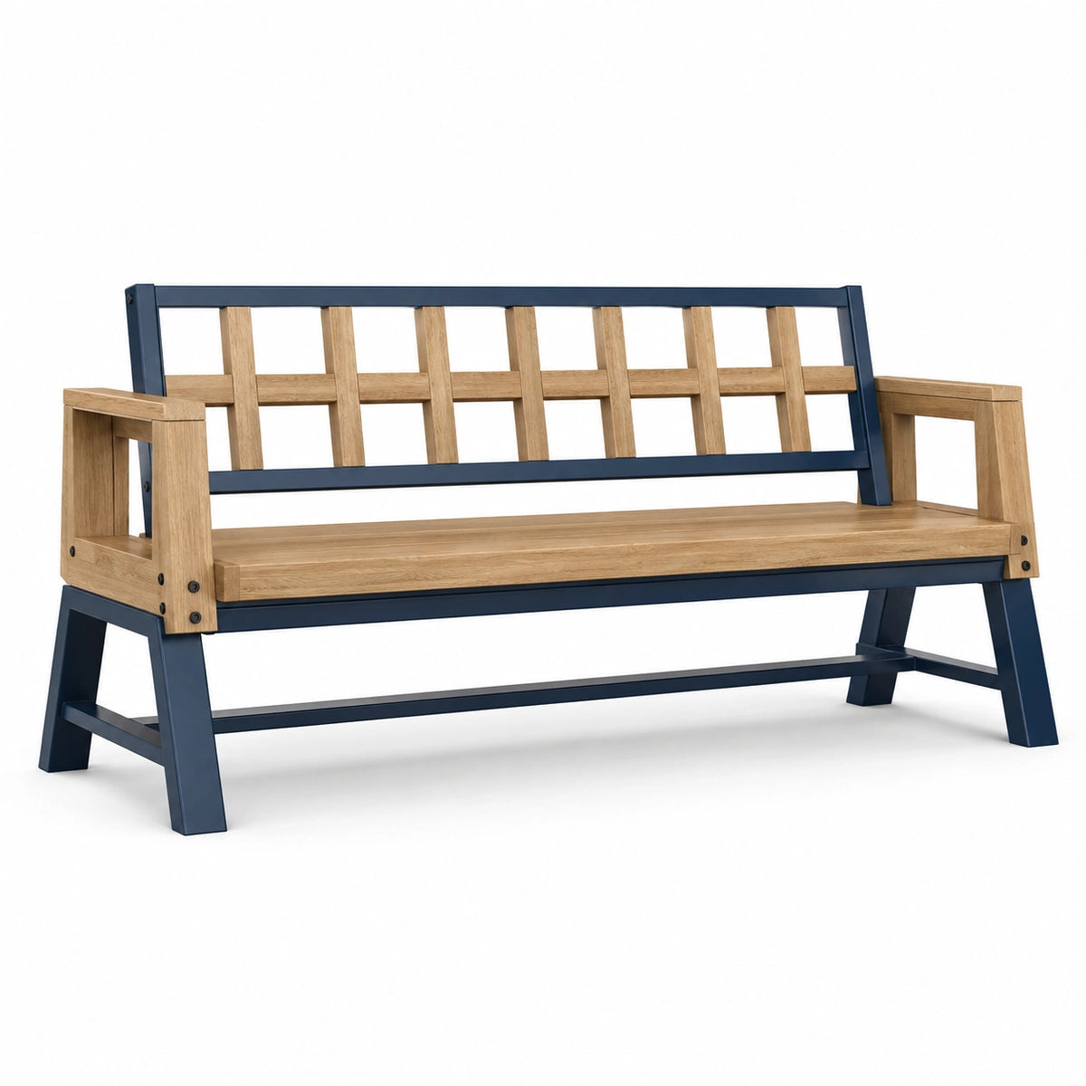 Banco de madera de roble y metal azul para exteriores