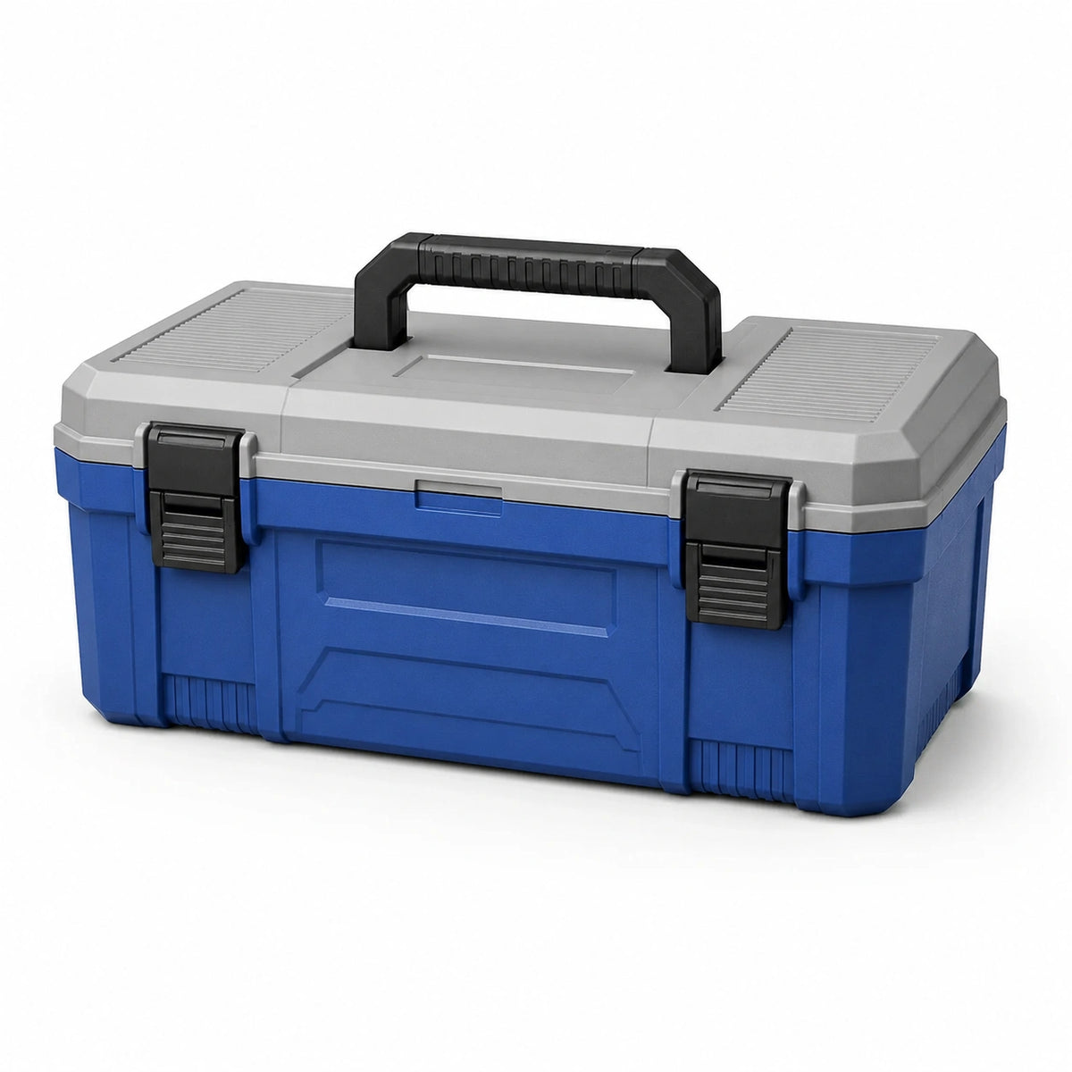 Caja de herramientas de plástico azul con asa y cierres