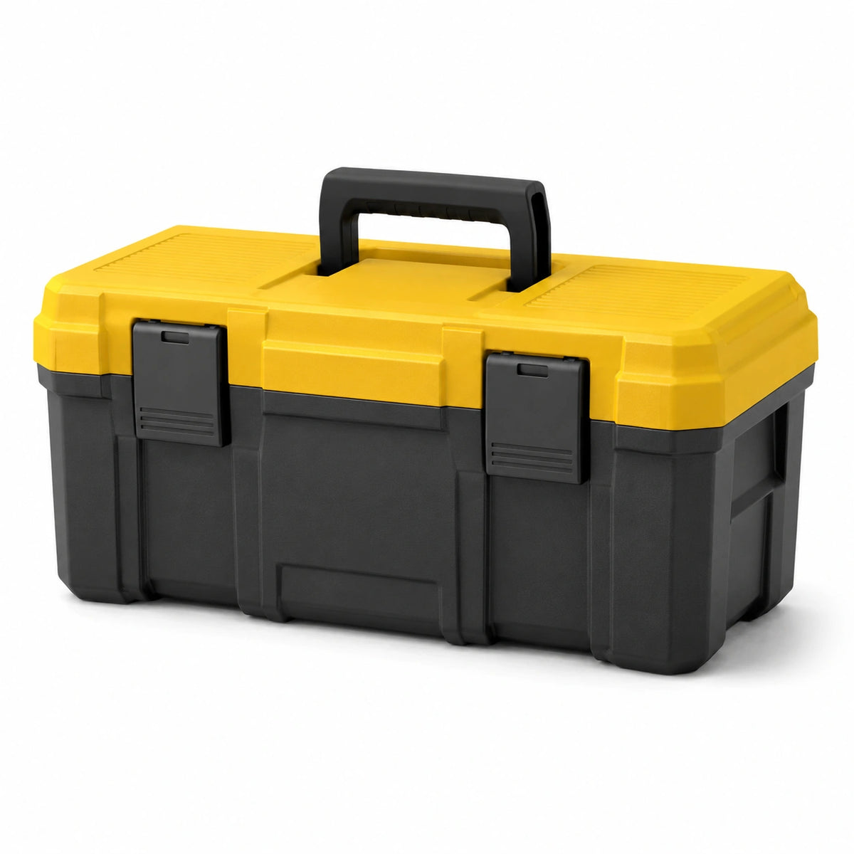 Caja de herramientas de plástico negro y amarillo con cierres