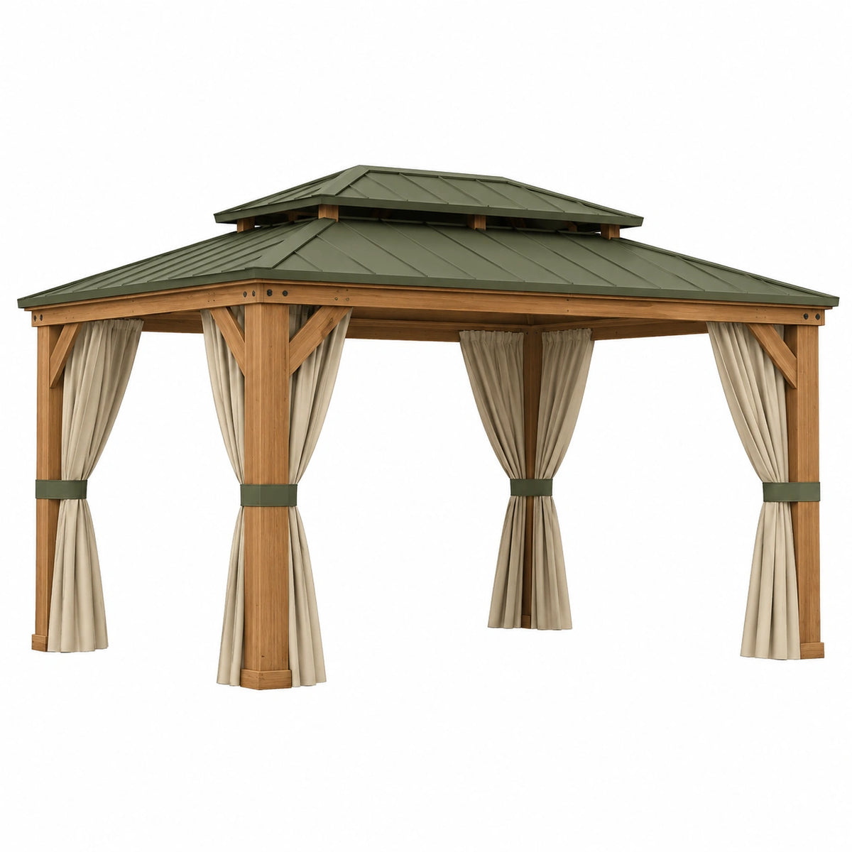 Pérgola de madera con techo de acero y cortinas beige 300x400 cm