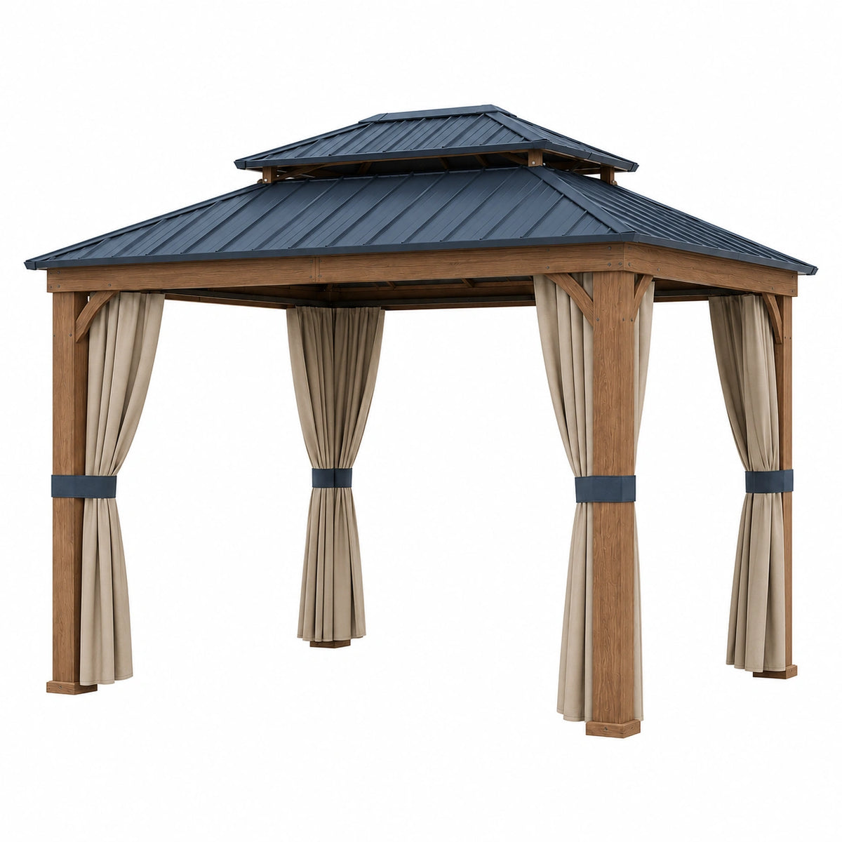 Pérgola de Madera y Techo de Metal con Cortinas de Poliéster