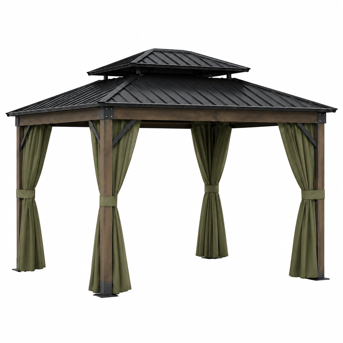 Pérgola de Jardín Metálica con Cortinas de Poliéster Verde/Negro