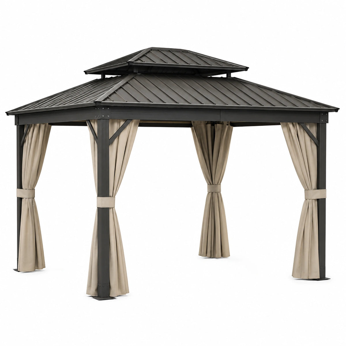 Pérgola de acero con techo metálico y cortinas de poliéster