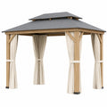 Pérgola de Madera con Techo de Acero y Cortinas de Poliéster 3x3m