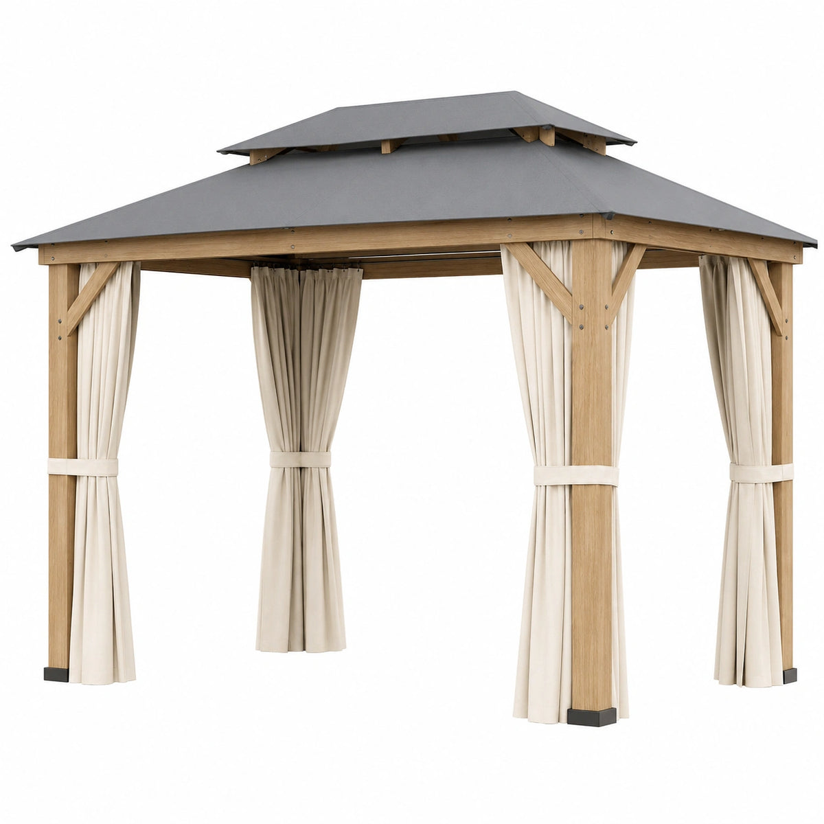 Pérgola de Madera con Techo de Acero y Cortinas de Poliéster 3x3m