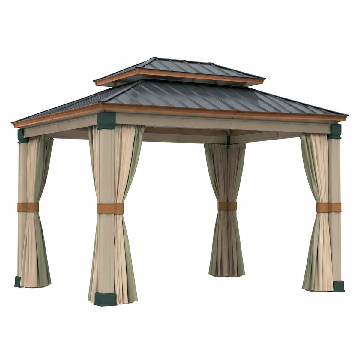 Pérgola de Aluminio con Techo de Acero y Cortinas de Poliéster Beige/Verde 300x400 cm