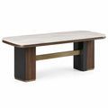 Mesa de comedor de mármol con estructura de madera y acero