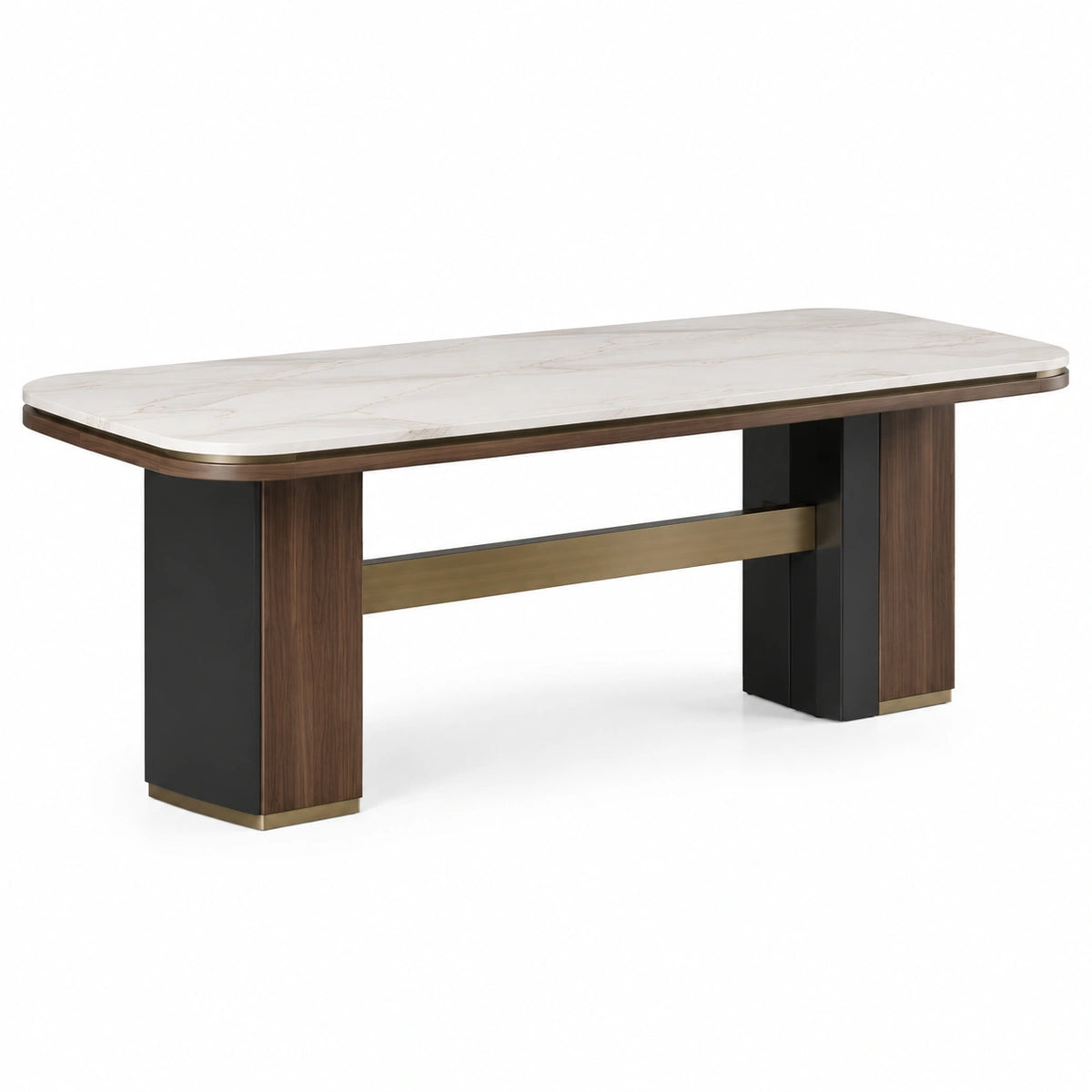 Mesa de comedor de mármol con estructura de madera y acero