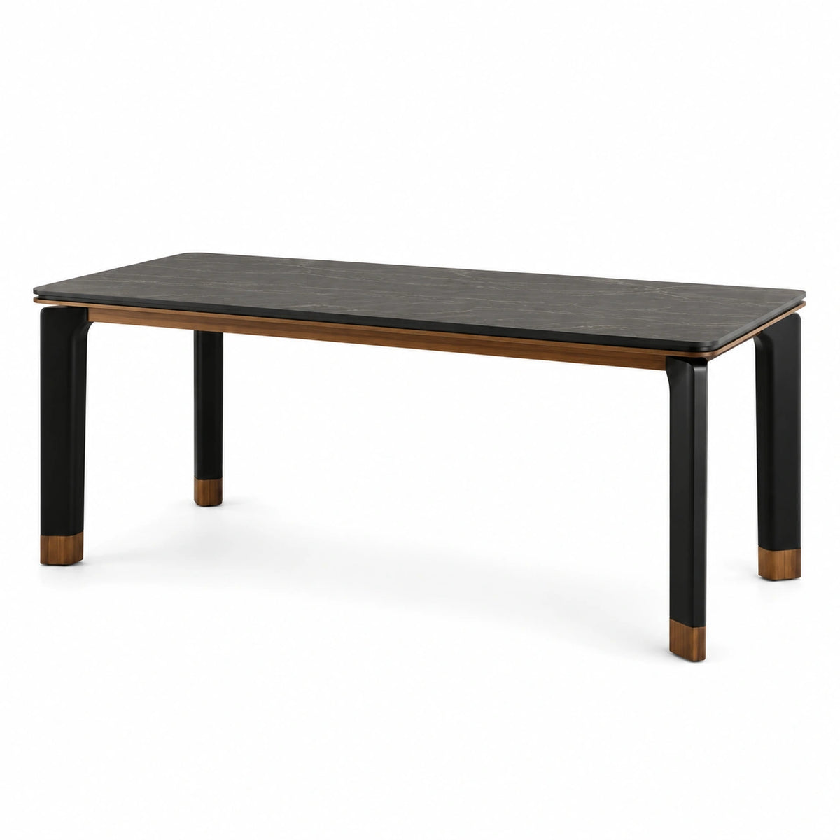 Mesa de cerámica negra con patas de metal y detalles en madera 180cm