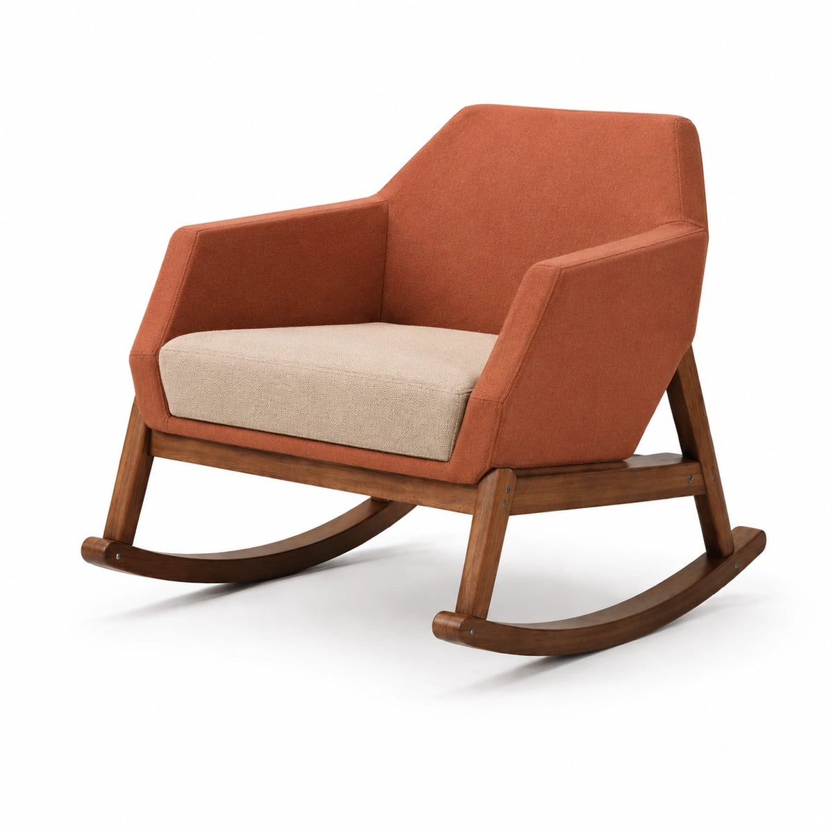 Mecedora de Tela Naranja y Beige con Estructura de Madera
