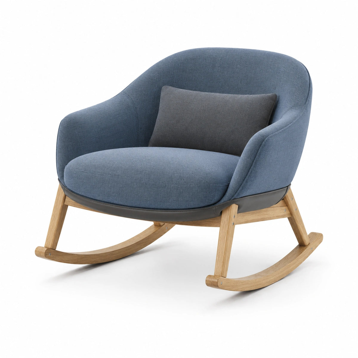 Mecedora de poliéster azul con cojín y estructura de madera