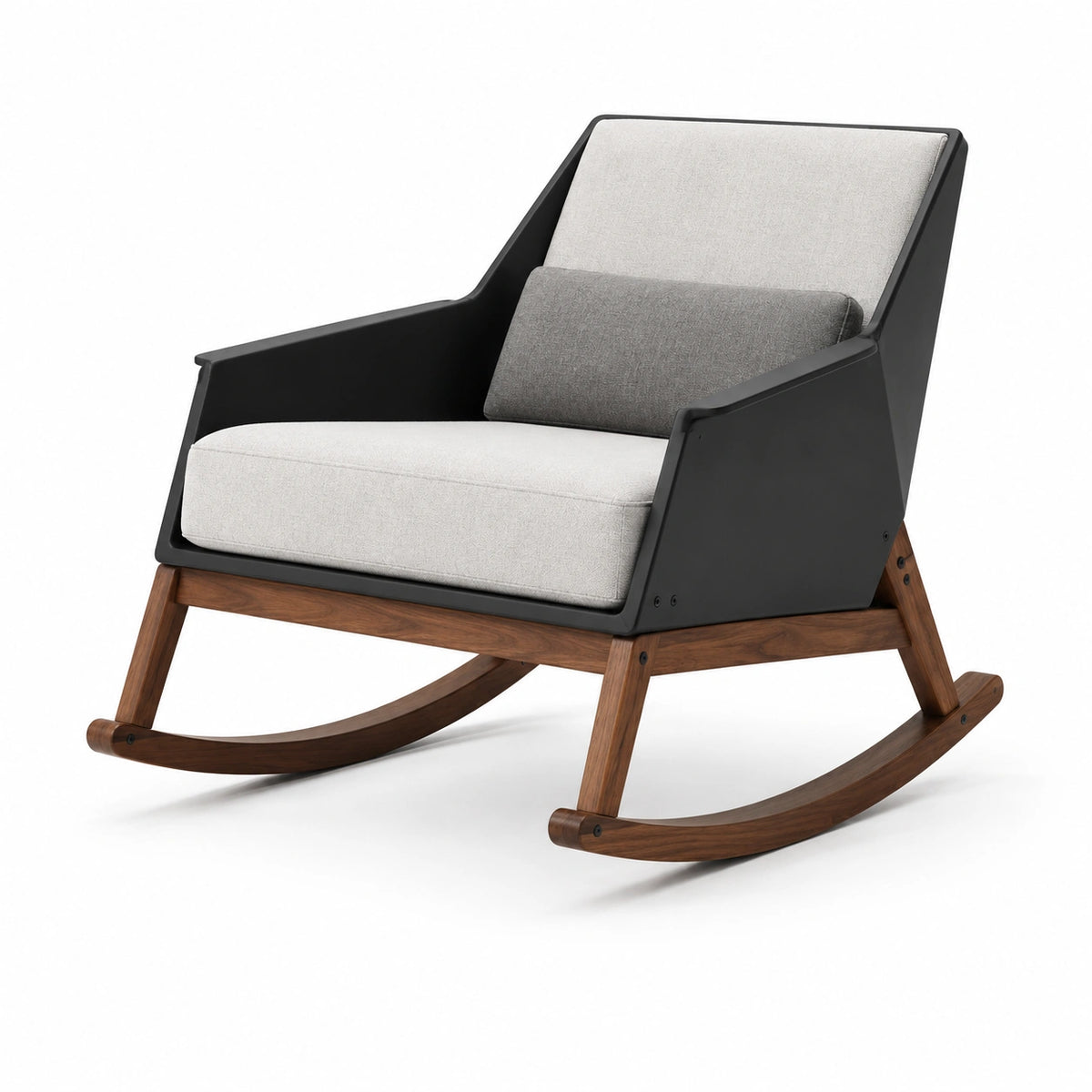 Silla mecedora de madera y metal con cojines de tela gris