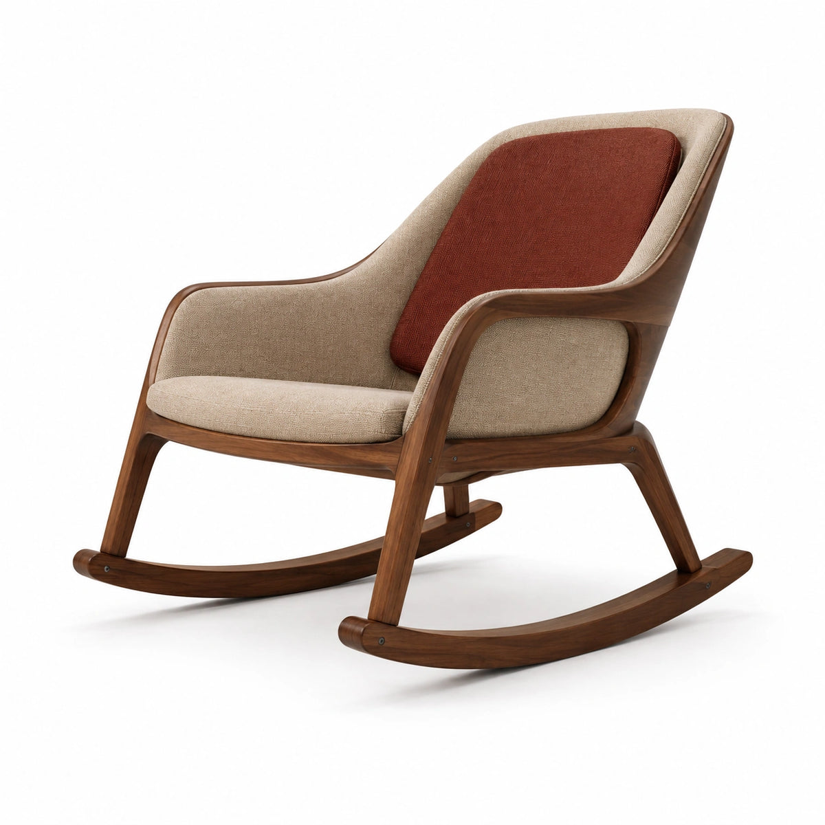 Mecedora de madera con asiento de poliéster beige y respaldo marrón