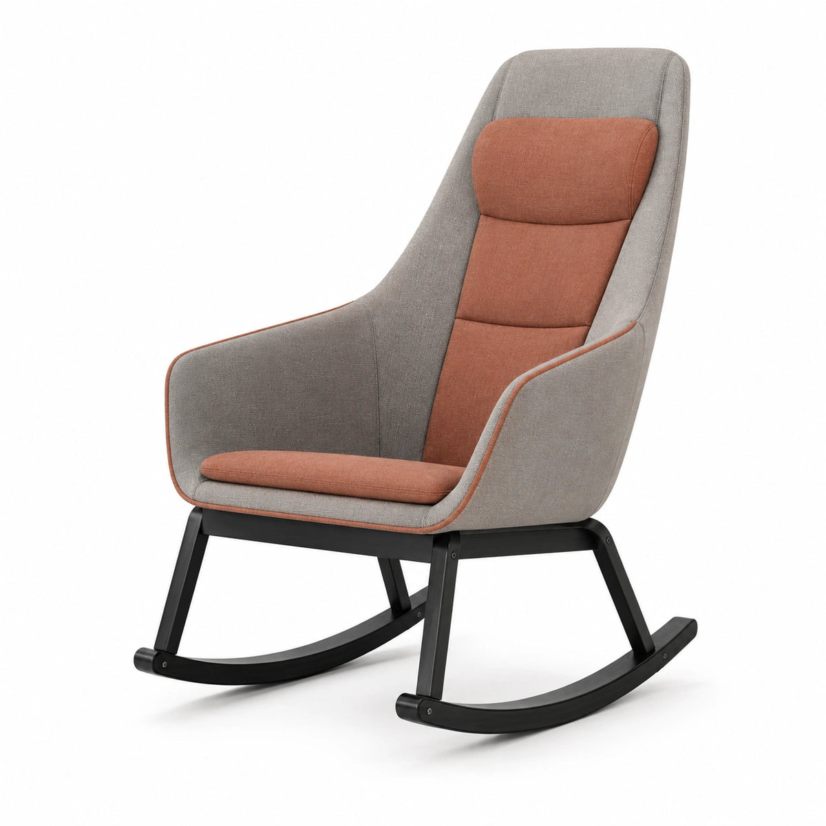 Silla mecedora de tela gris y marrón con estructura de metal