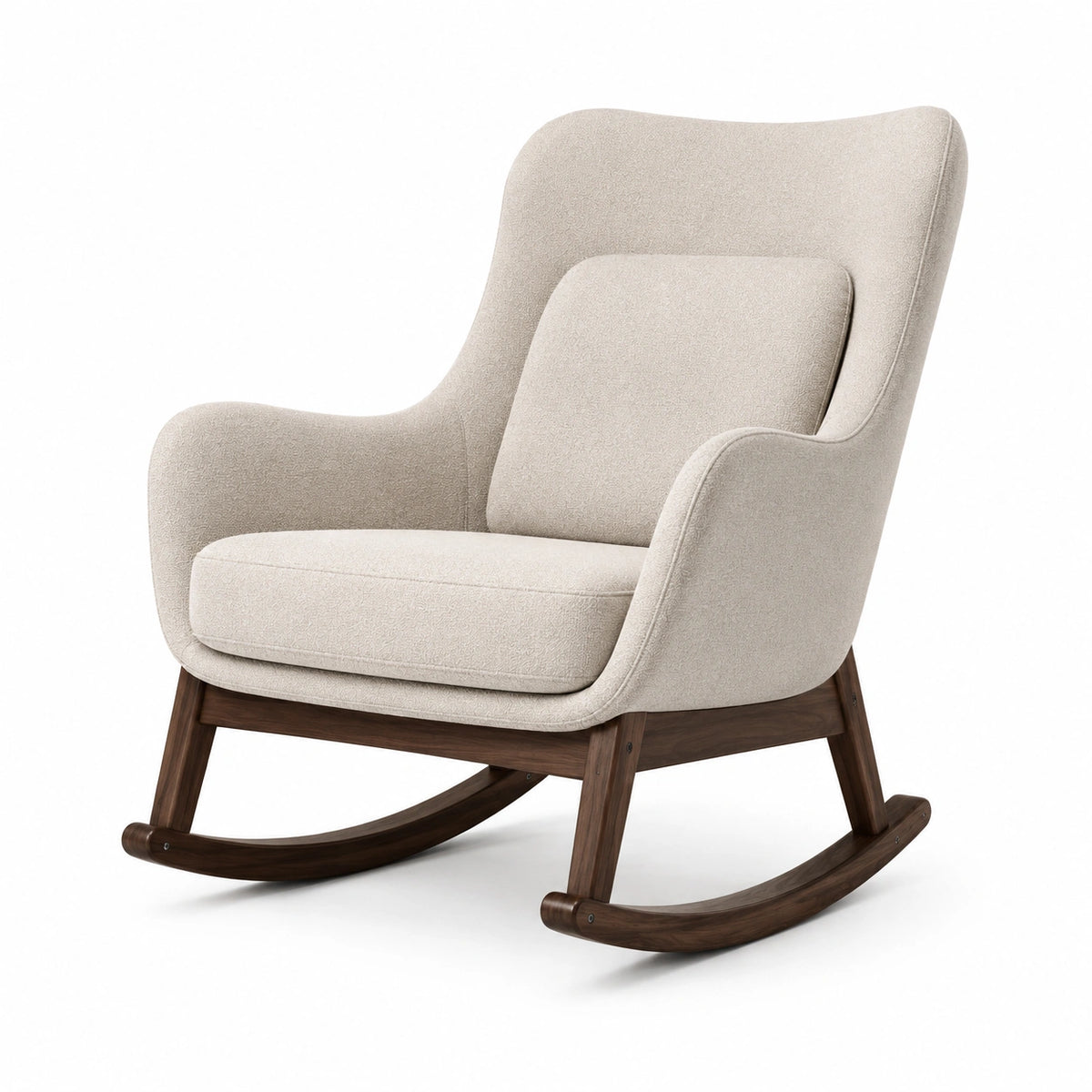 Mecedora de tela beige con marco de madera