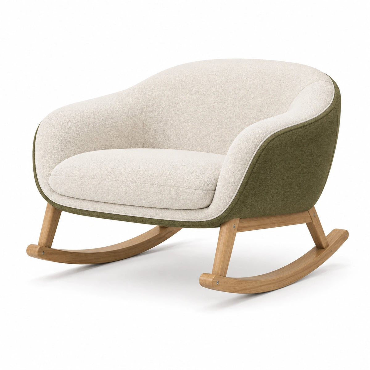 Sillón mecedora tapizado en poliéster beige y verde con estructura de madera 80x75x70 cm