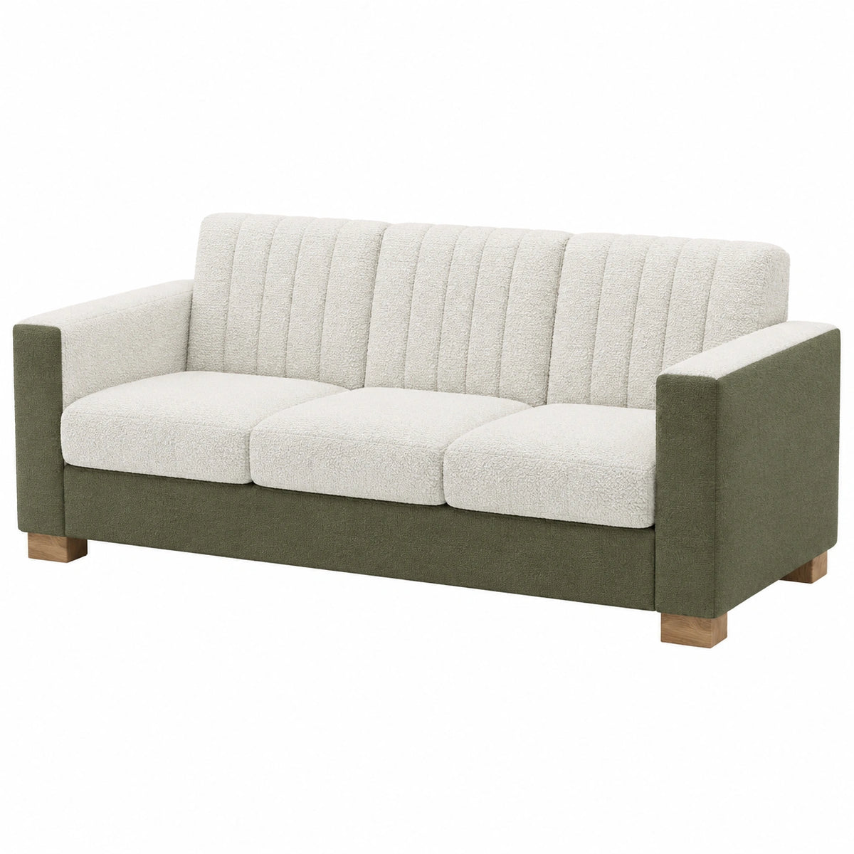 Sofá 3 plazas tela poliéster beige y verde con estructura de madera
