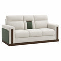 Sofá 3 plazas tela poliéster beige y verde con madera