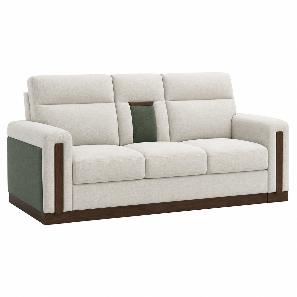 Sofá 3 plazas tela poliéster beige y verde con madera